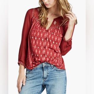 Lucky Brand | Red Geo Border Button Embroidered Top